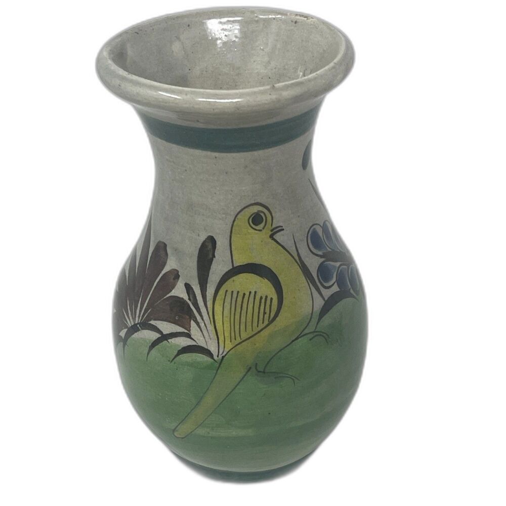 Vintage Tonala Mexico Yellow Bird Vase Art Pottery Flower Brown Green 6" *READ
